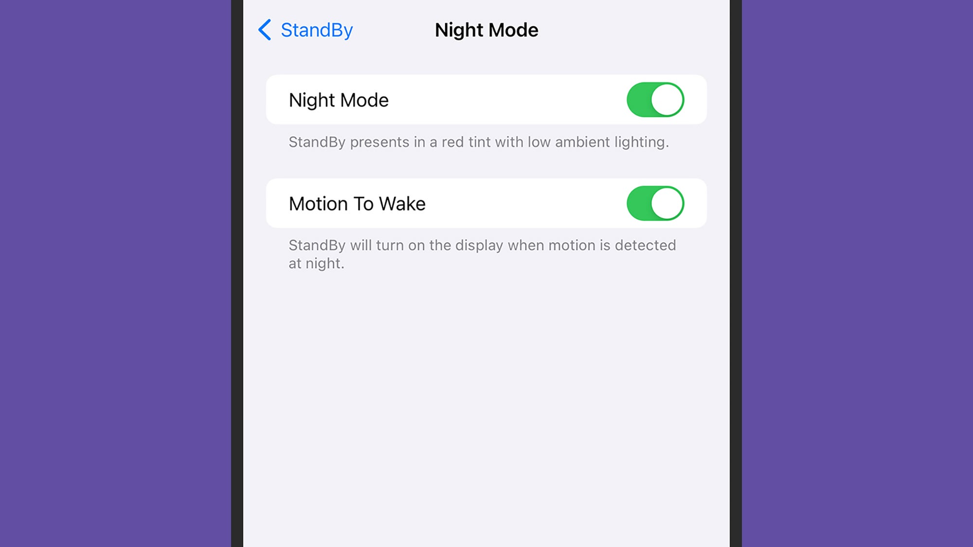 A screen showing a list of iPhone standby night mode options. 
