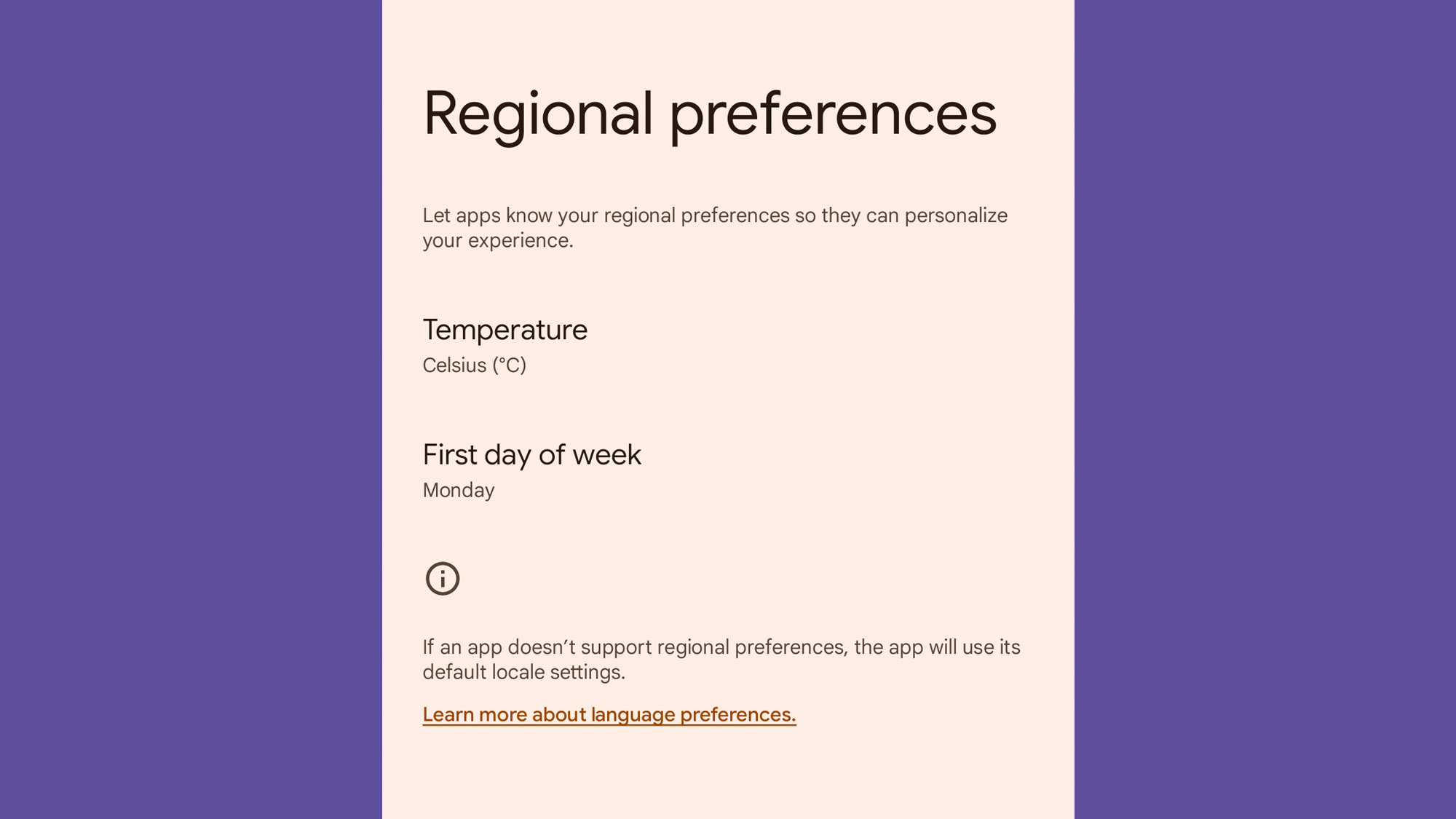The Android settings app, showing how to set your regional preferences for temperature and other aspects of your phone interface.