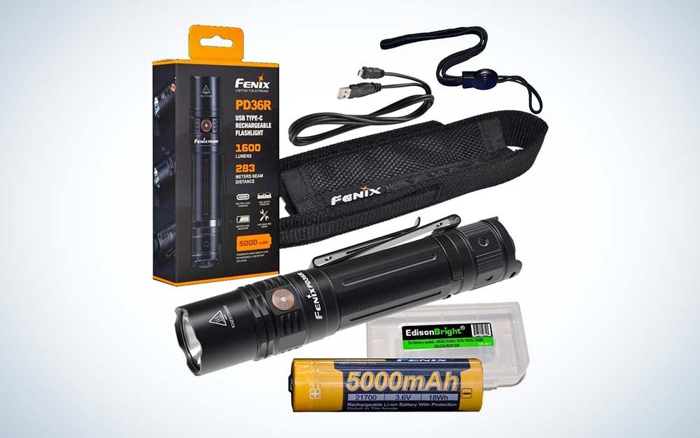 Fenix PD36R Tactical Flashlight, box, and batteries