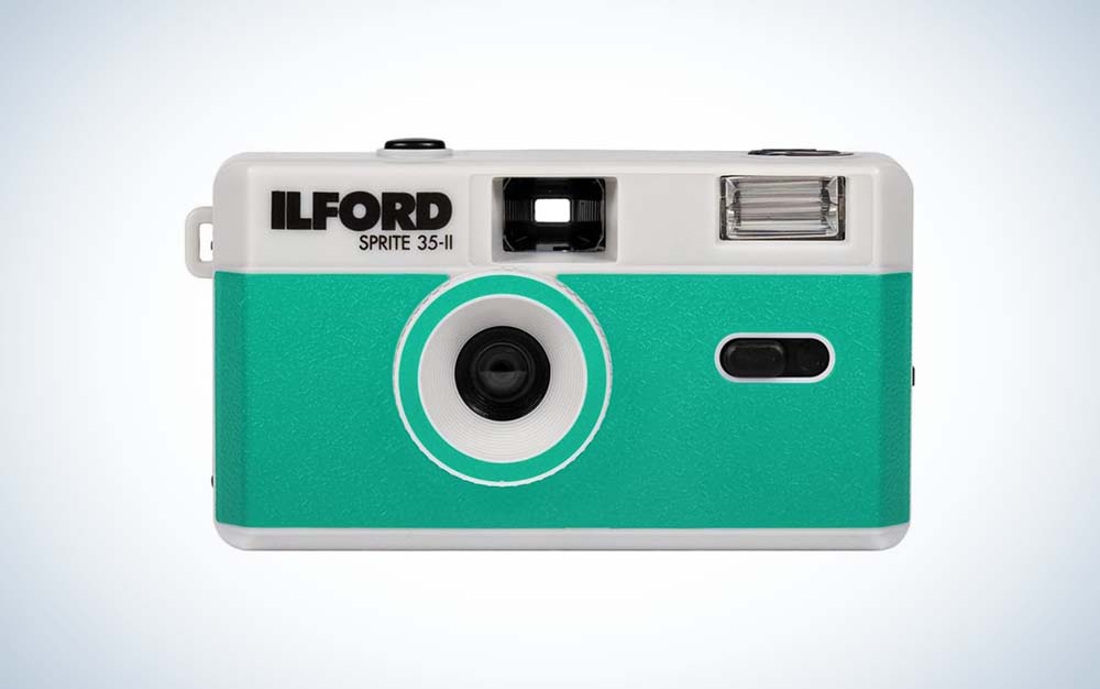 green Ilford Sprite 35-II Reusable 35mm Film Camera over a gradient background