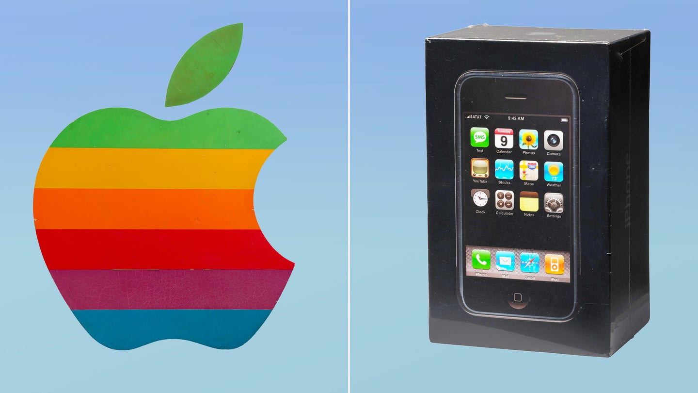 Side-by-side of multicolor Apple logo and first gen iPhone in original packaging against blue background
