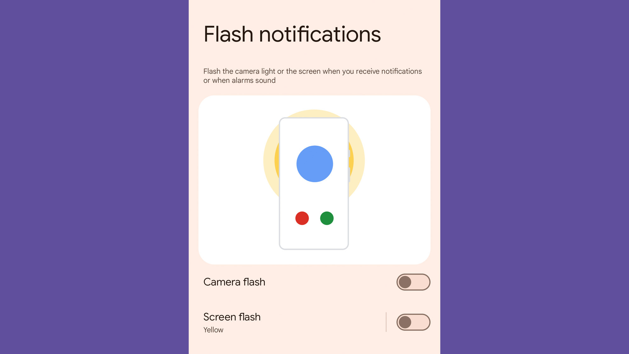 The Android settings app, showing how to activate flash notifications.