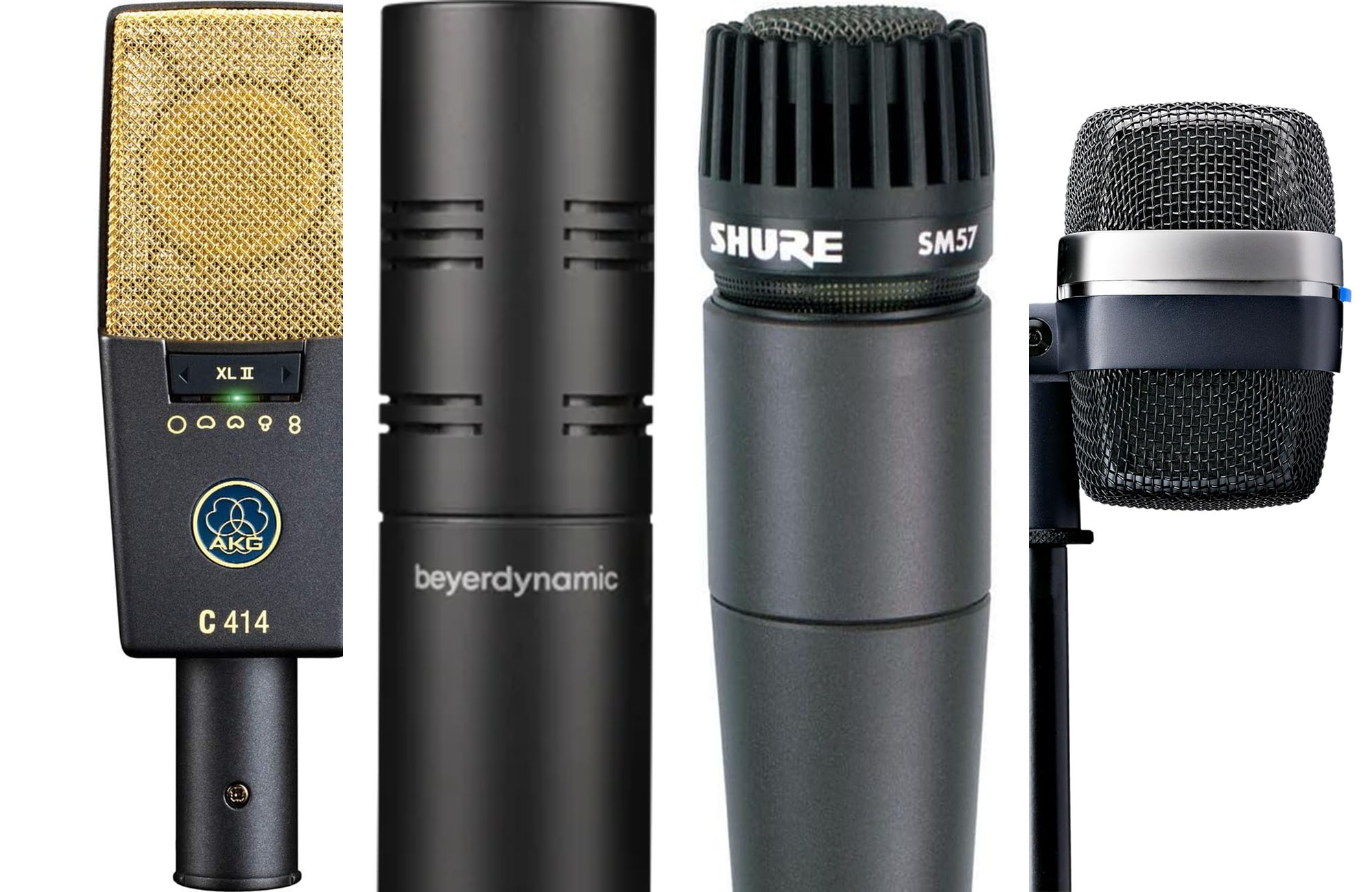 Four of the best drum mics shown side-by-side on a white background