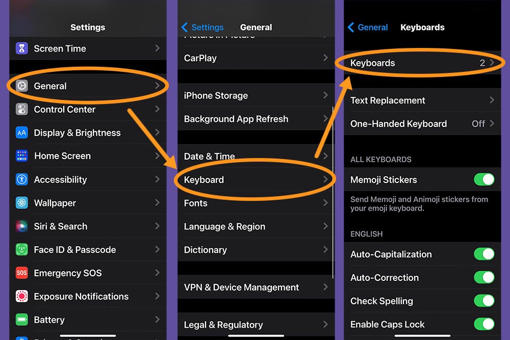 تطبيق إعدادات iOS، يوضح كيفية الوصول إلى لوحات المفاتيح التابعة لجهات خارجية.