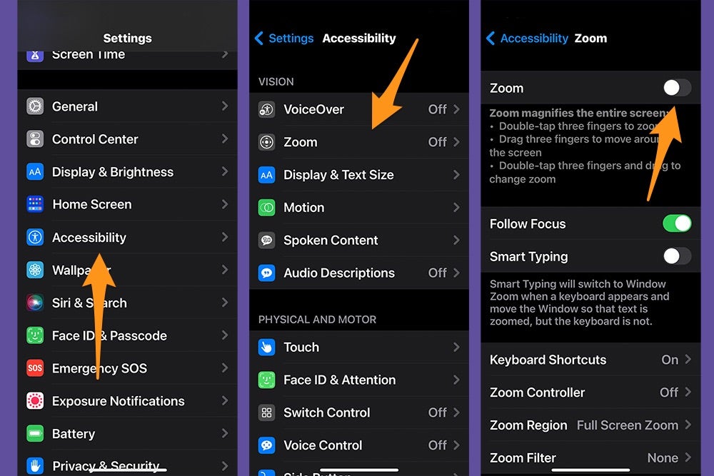 تطبيق إعدادات iOS، يوضح كيفية تفعيل Zoom.