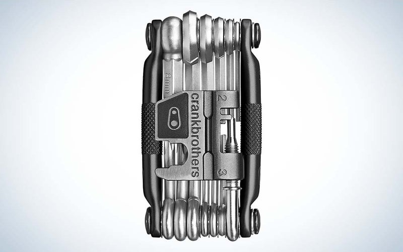 A gray metal Multitool 19 device for cyclists.