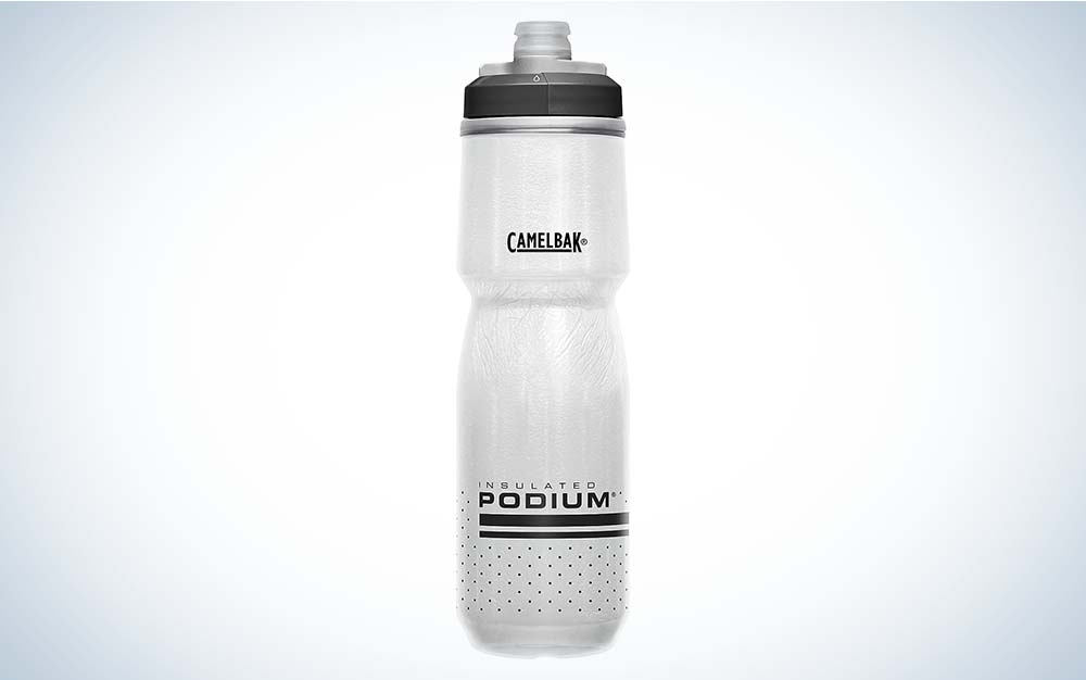 A clear plastic insulated water bottle by Camelbak with a a black cover.