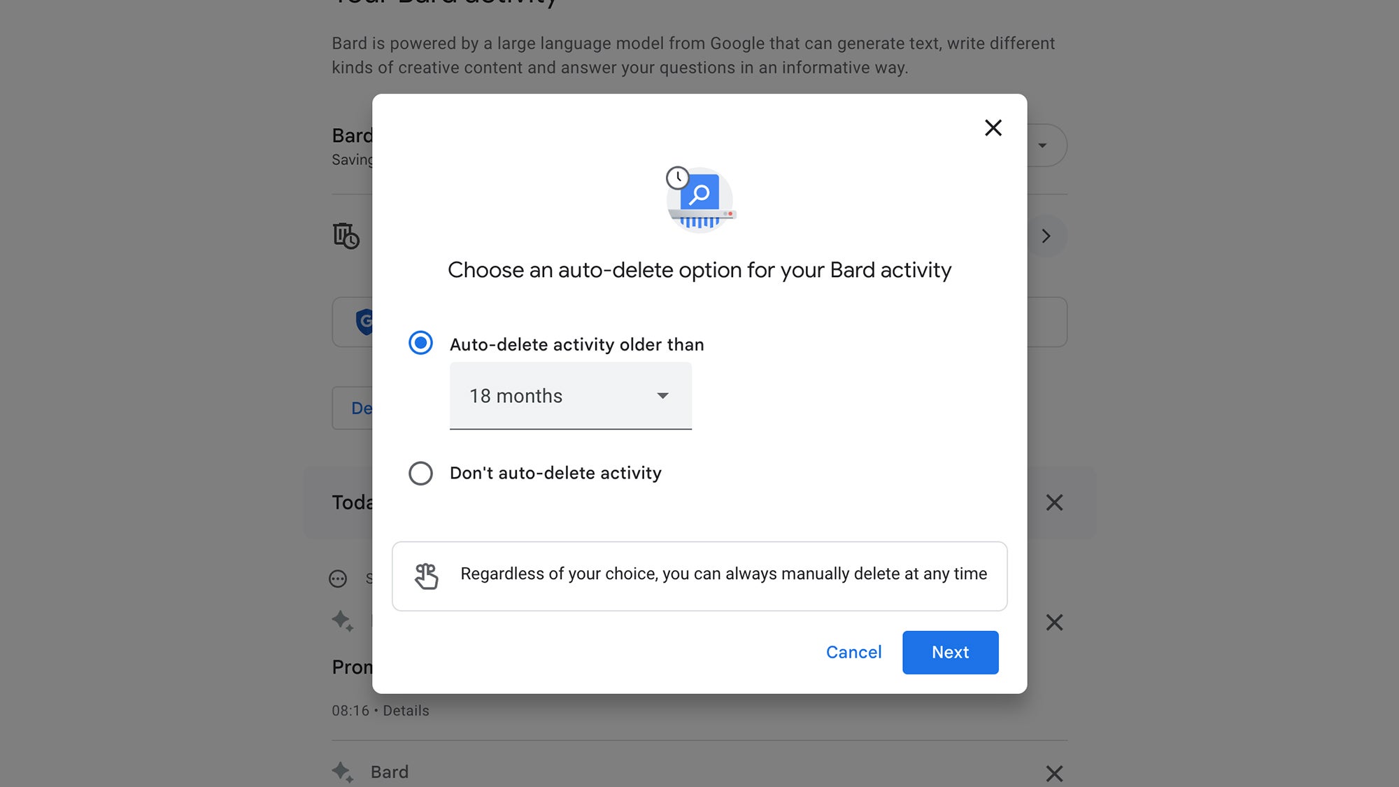 Google Bard settings, showing how to delete your Bard history.
