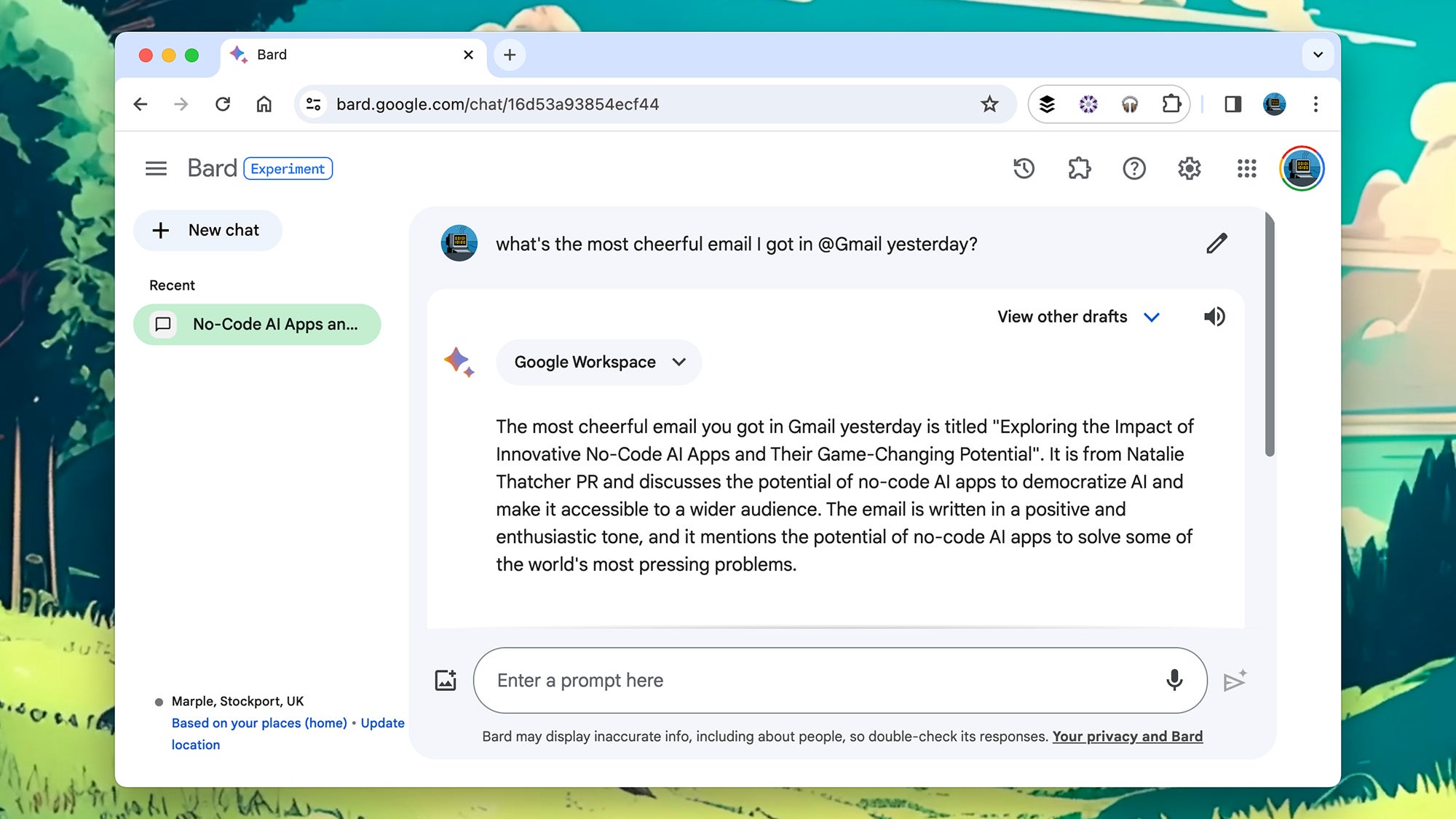 A browser window showing a Google Bard prompt related to Gmail, and the AI bot's response.