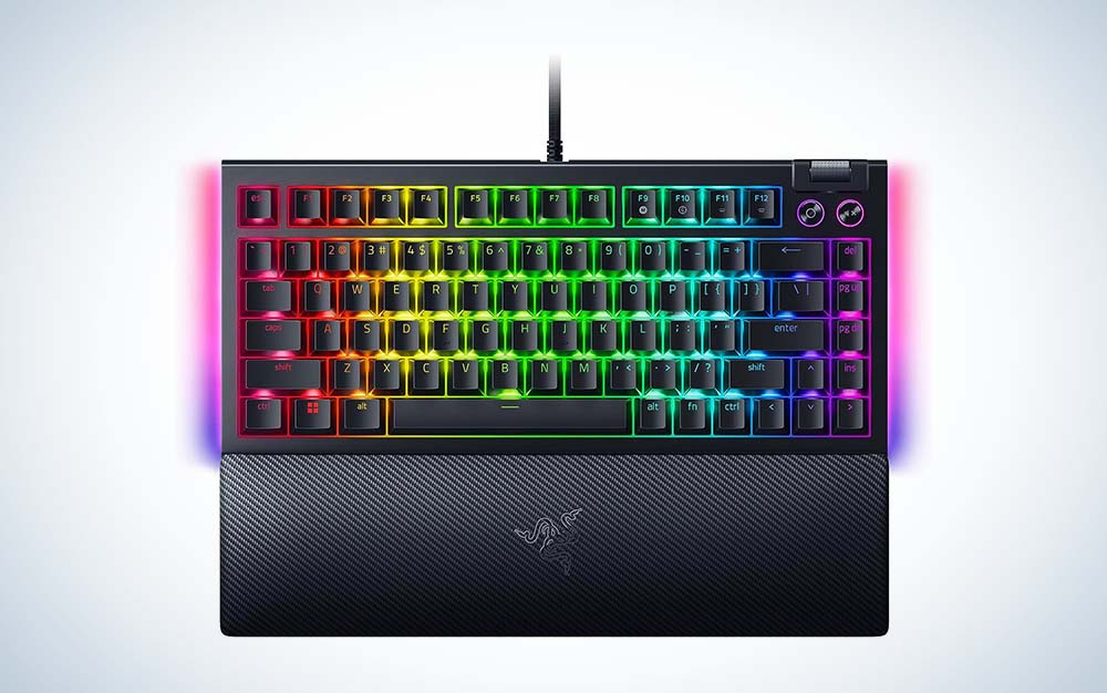 Razer Blackwidow V4 75% keyboard with RGB colors over white background