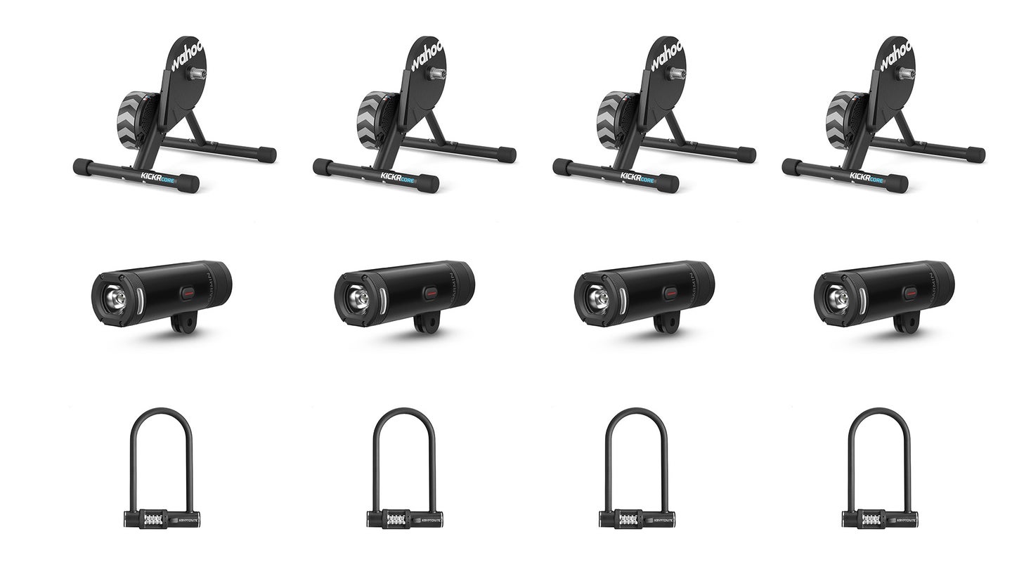 Three rows of the best gifts for cyclists, with the Wahoo indoor trainer on top, followed by a Garmin bike light, and a Kryptonite bike lock.