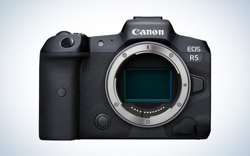 The Canon EOS R5 is placed against a white background with a gray gradient.
