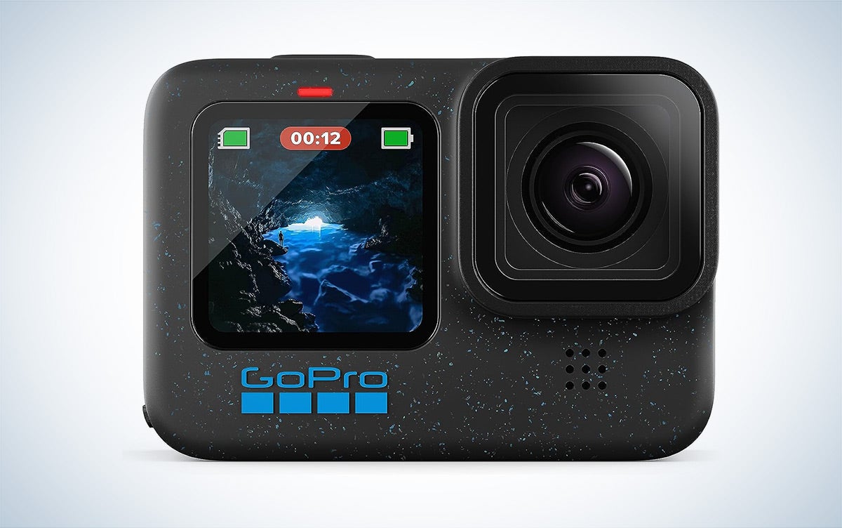 The GoPro Hero 12 Black action camera is placed against a white background with a gray gradient.