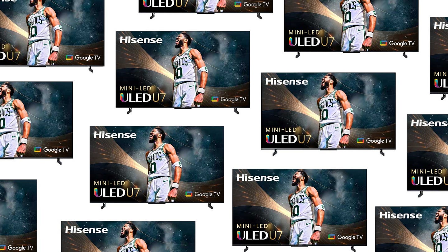 A pattern made of Hisense TVs with a basketball player on the screens