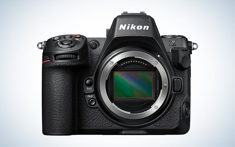 The Nikon Z8 mirrorless camera is placed against a white background with a gray gradient.
