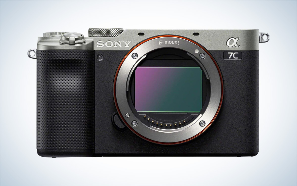 The Sony a7C mirrorless vlogging camera is placed against a white background with a gray gradient.