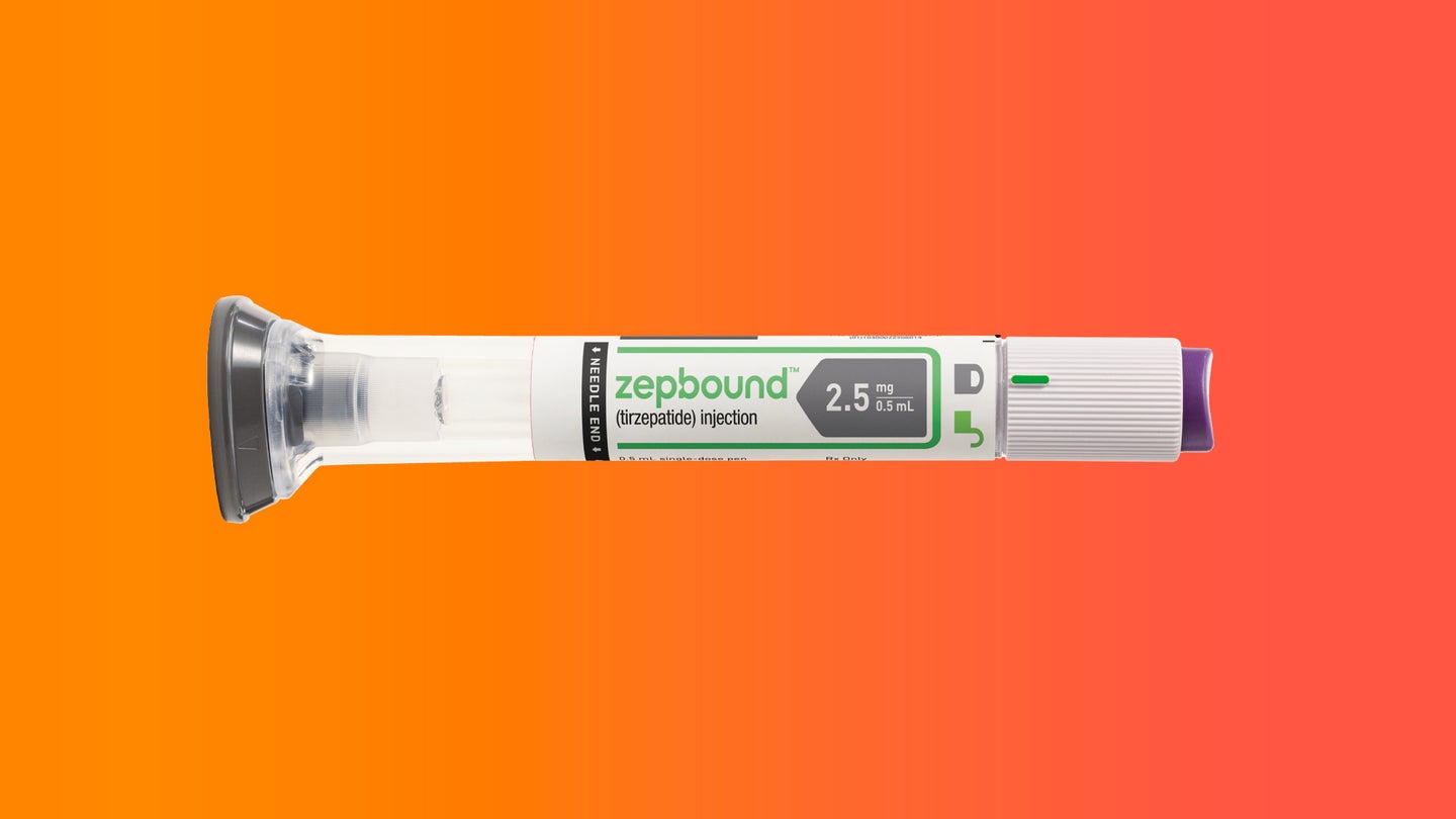 A horizonal view of an injectable medication called Zepbound from pharmaceutical company Eli Lilly.