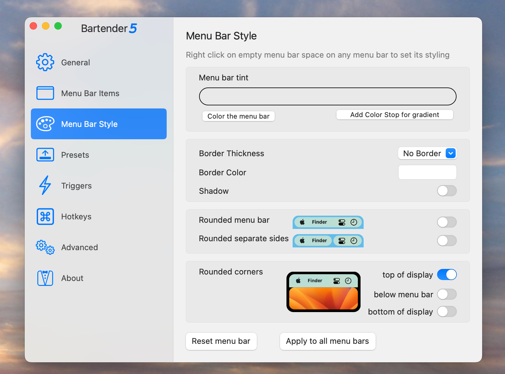Screen showing the customization options of the Bartender app for macOS