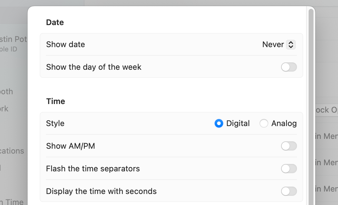 Screen showing the Menu Bar customization options in macOS