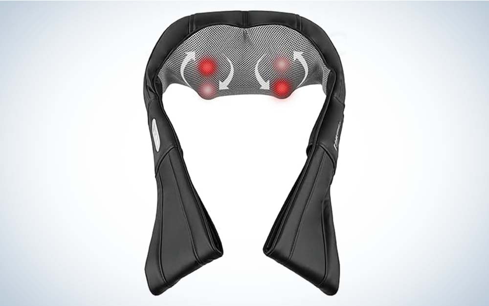 A gray neck massager by Homedics that you place around your neck with red panel that provide heat and massage.