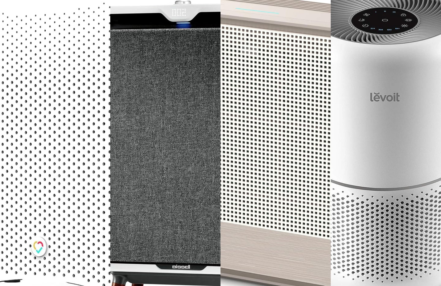 Four choices for the best air purifiers for allergies on a plain background
