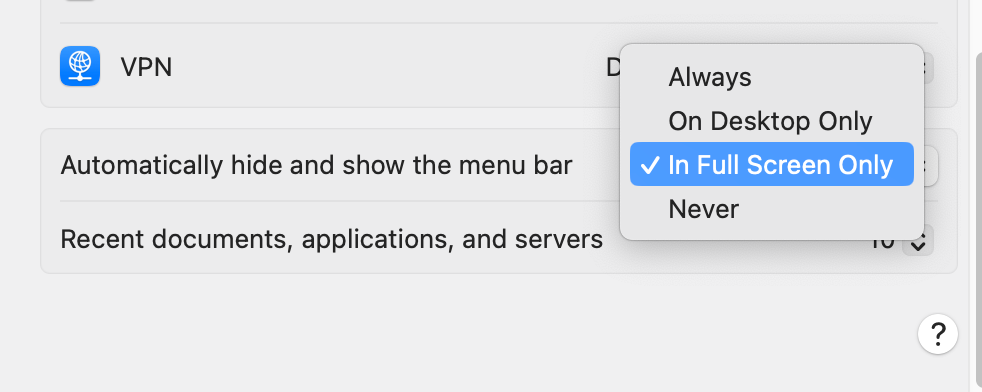 System Settings options on macOS showing how to remove the menu bar 