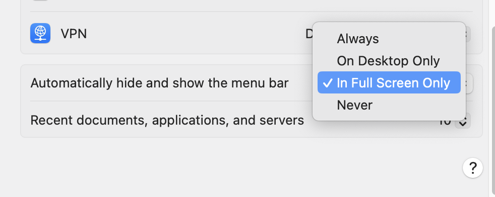 System Settings options on macOS showing how to remove the menu bar