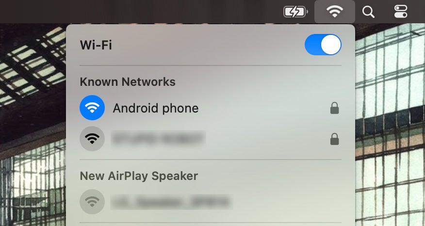 Screen showing macOS WiFi quick settings with a connection to a mobile hotspot. 