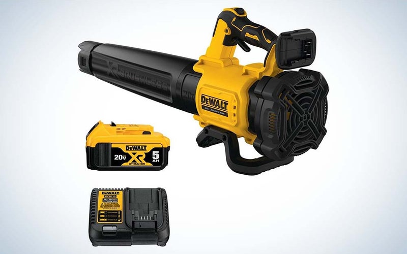 A yellow and black leaf blower from DeWalt with a charger and battery.