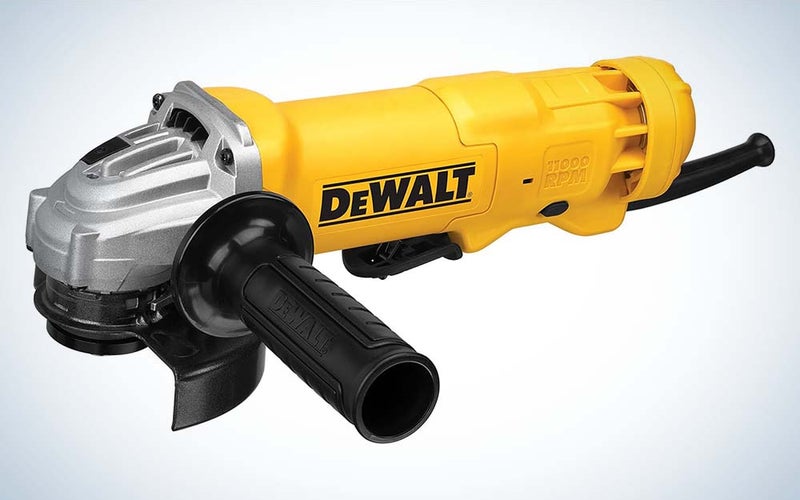 A yellow, black, and gray corded angle grinder tool from DeWalt.