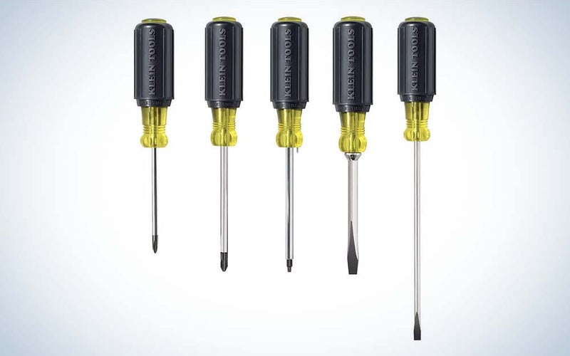 A set of five screwdrivers of varying lengths made by Klein Tools.