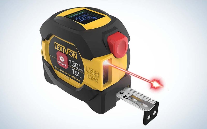 A yellow and black with red smart tape measure from Lexivon with a red arrow coming out the front.