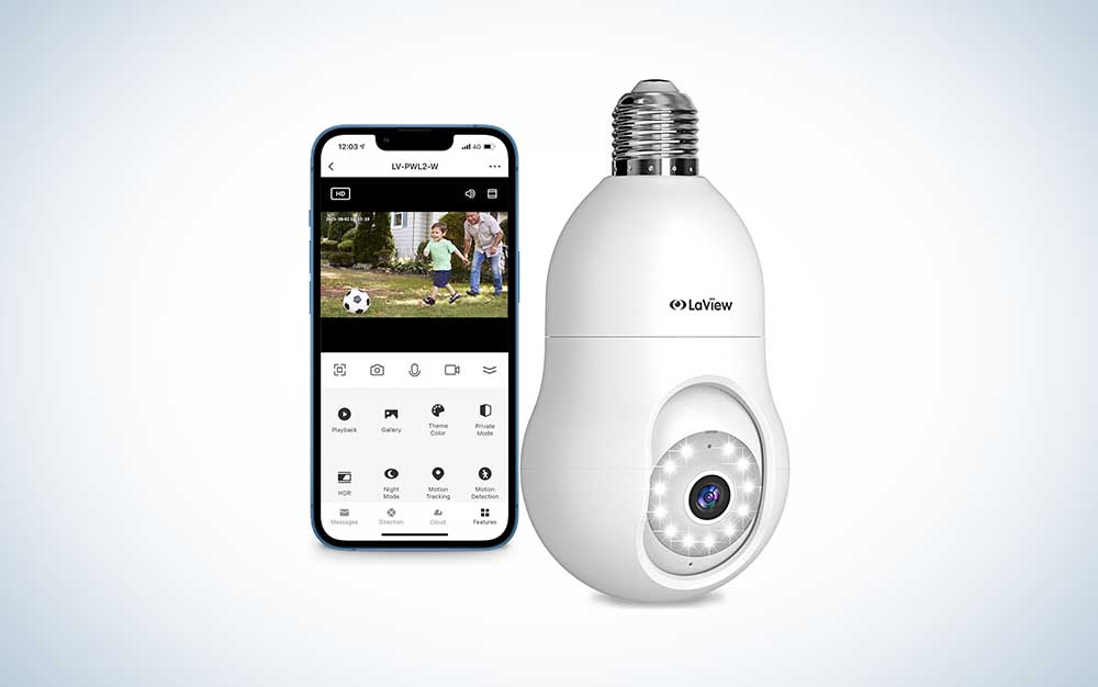 LaView 4 MP Bulb Security Camera and smartphone on a white background