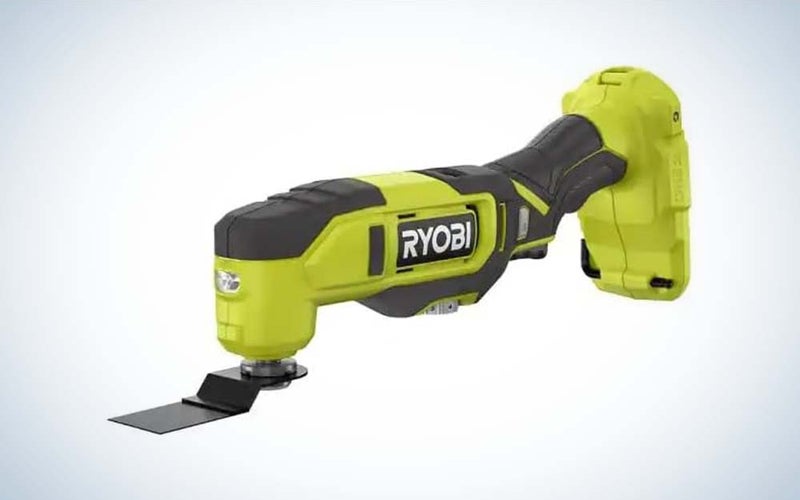 A light green and gray multi-tool from Ryobi that can be used for cutting, sanding, and more.