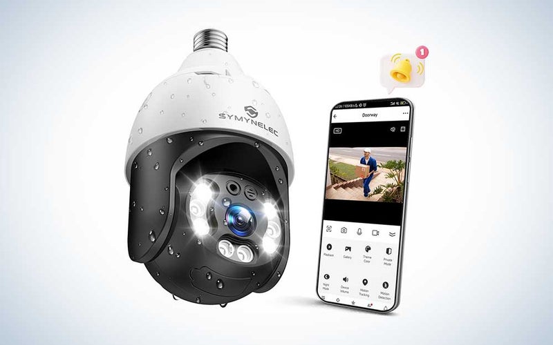 Symynelec Light Bulb Security Camera Outdoor and a smartphone