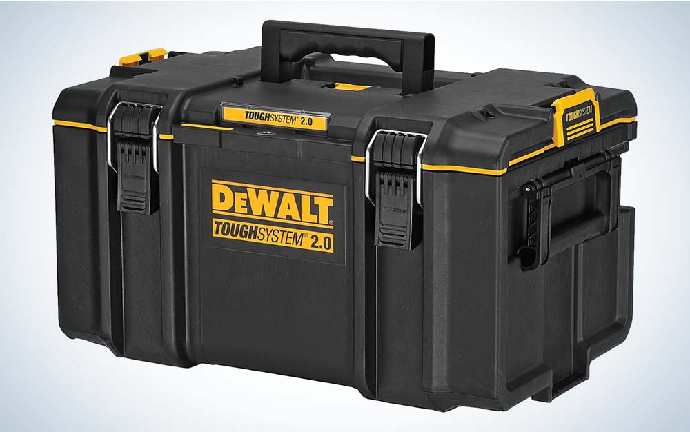 A durably built black toolbox with clasps holding it closed and the word 