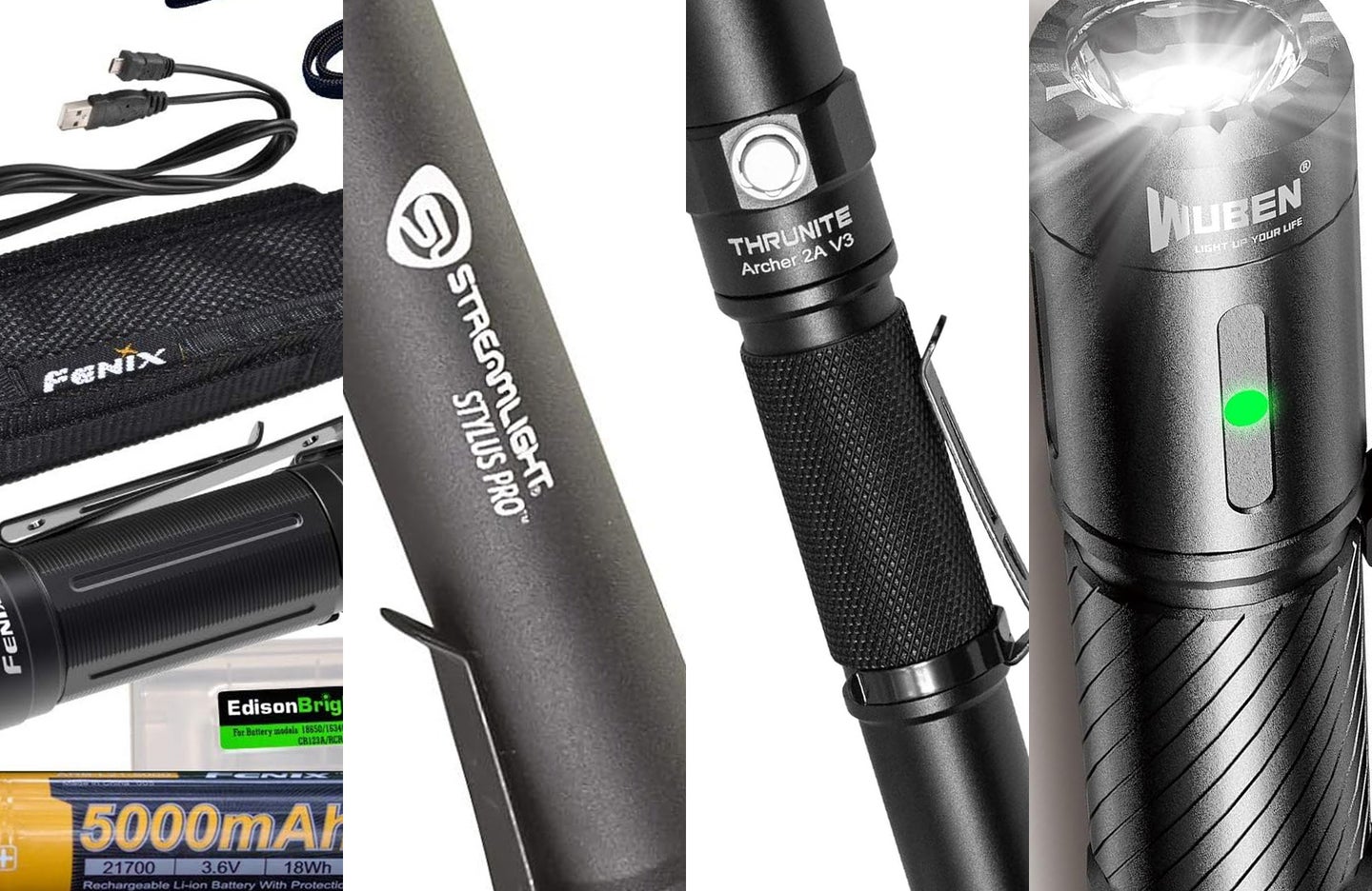 Four of the best flashlights on a plain background