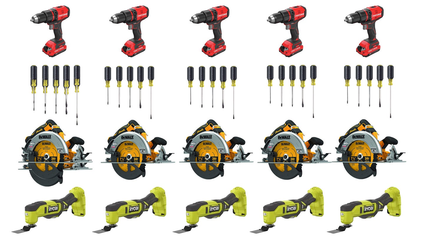 A top row of red Craftman cordless drills, a second row of screwdrivers by Klein Tools, a third row of circular saws by DeWalt, and a fourth row of the Ryobi Multi Tool.