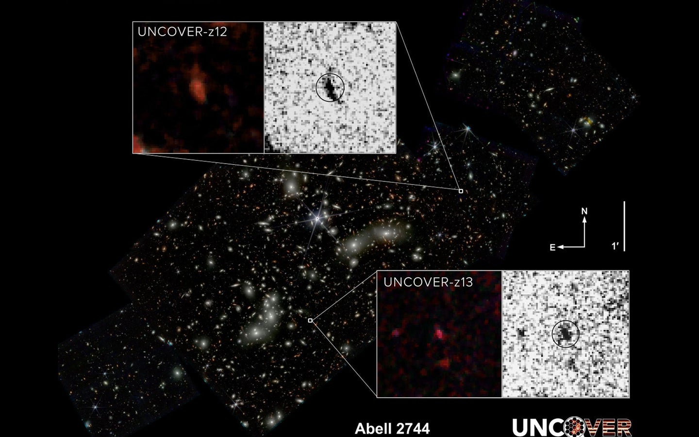 UNCOVER z-13 and UNCOVER z-12 are the second and fourth most distant galaxy ever observed. The James Webb Space Telescope’s Near-Infrared Camera (NIRCam) helped confirm their existence within Pandora’s Cluster (Abell 2744). They are shown here as near-infrared wavelengths of light that have been translated to visible-light colors.