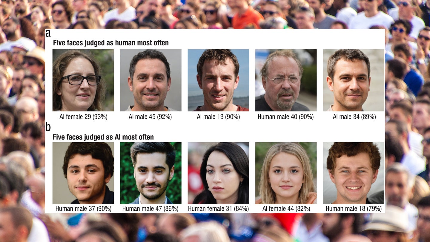 Research paper examples of AI and human faces against blurry crowd background