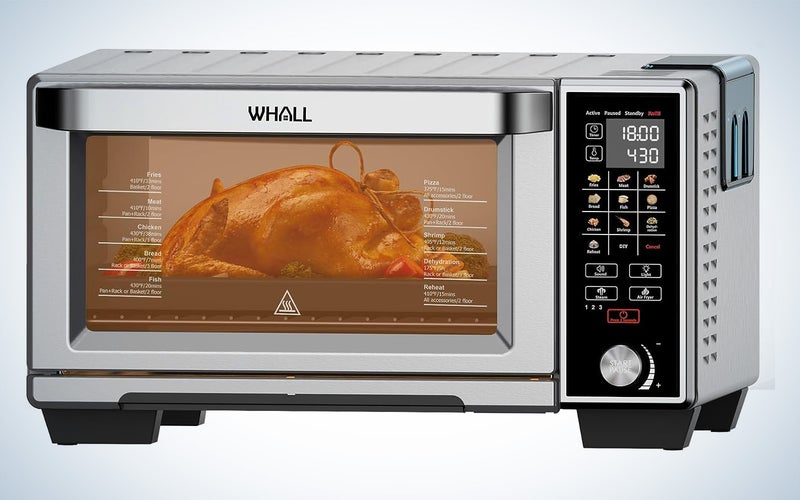 Whall smart oven with a chicken inside on a plain background