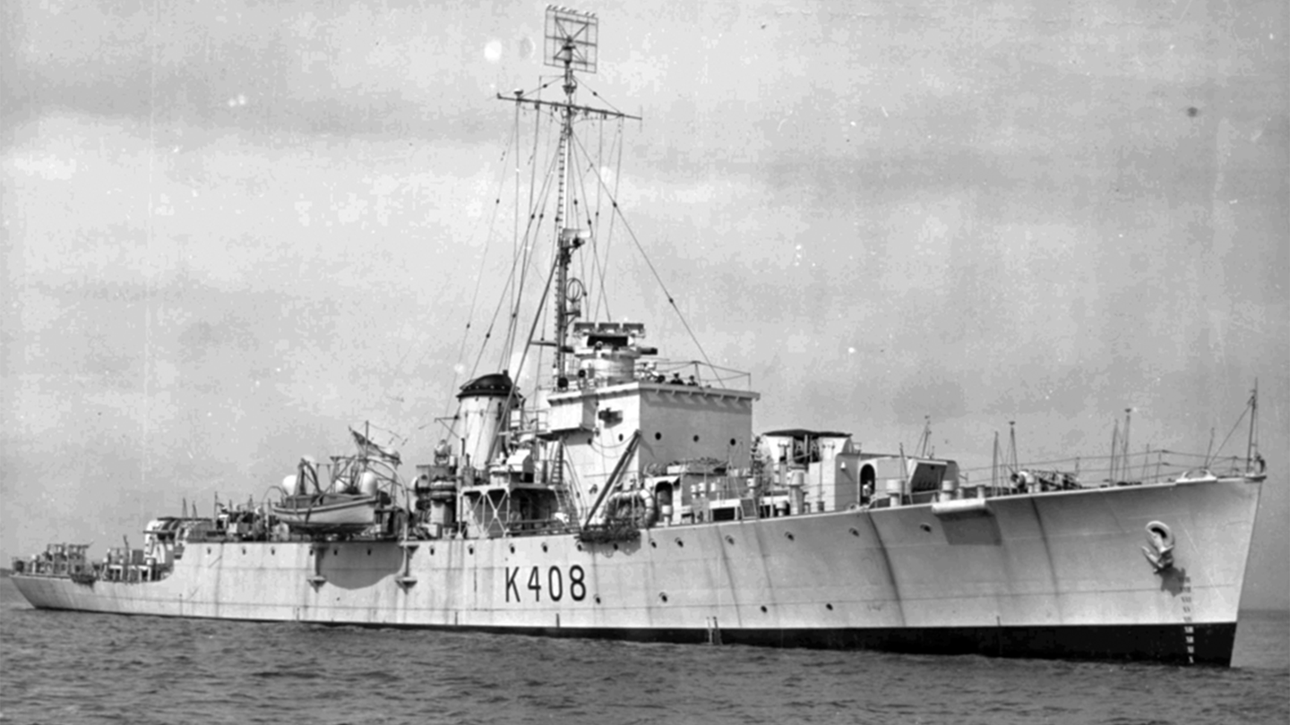 A black and white photograph of the The HMAS Culgoa. The vessel was a Modified River Class Frigate, sometimes known as the Bay Class. The Australian naval vessel was launched in September 1945 and was decommissioned in April 1954.