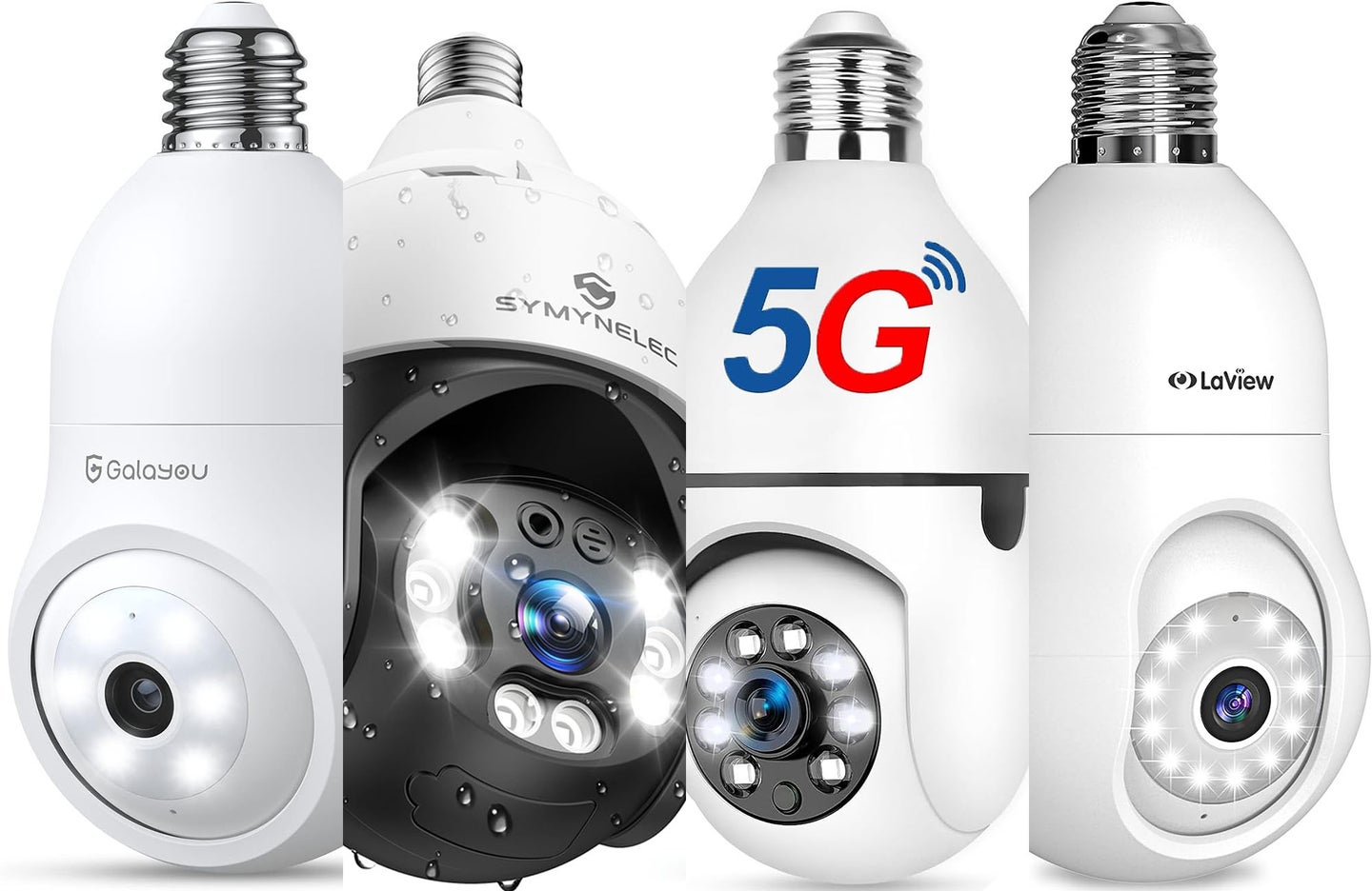 Four examples of the best light bulb security cameras on a white background
