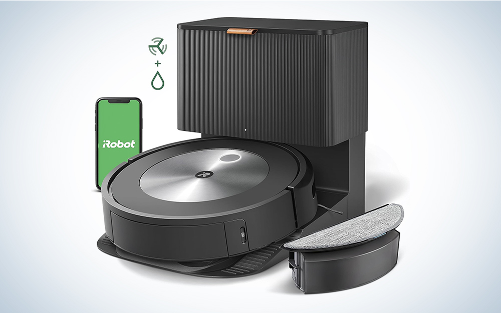 A iRobot Roomba j5+ robovac with optional mopping on a plain background