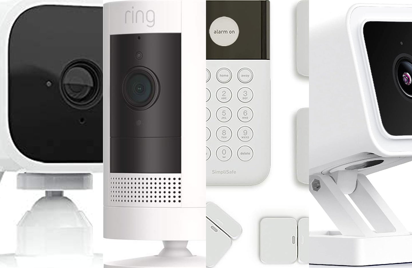 A lineup of the best indoor security cameras on a plain background