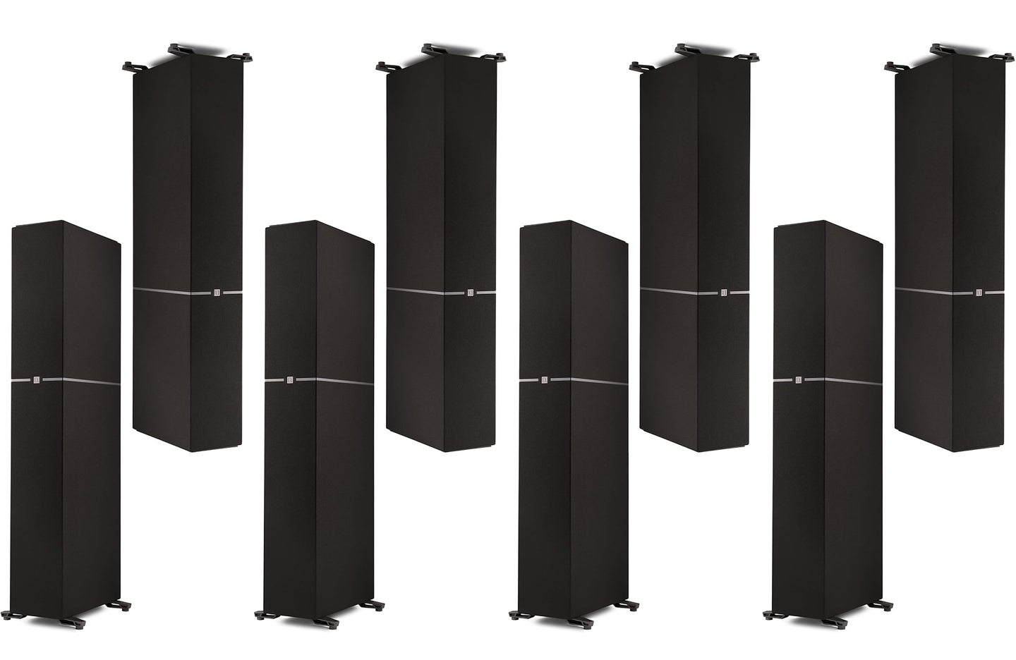 Eight Definitive Technology DM70 speakers in a decorative pattern