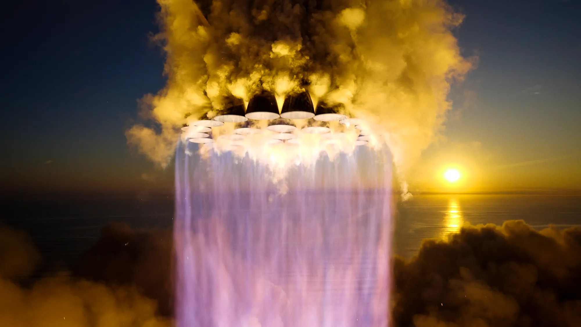 Close-up of SpaceX Starship Falcon rockets igniting during liftoff