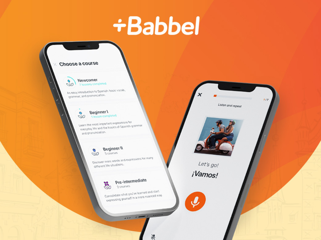 Two phones with the Babbel language app pulled up on an orange background