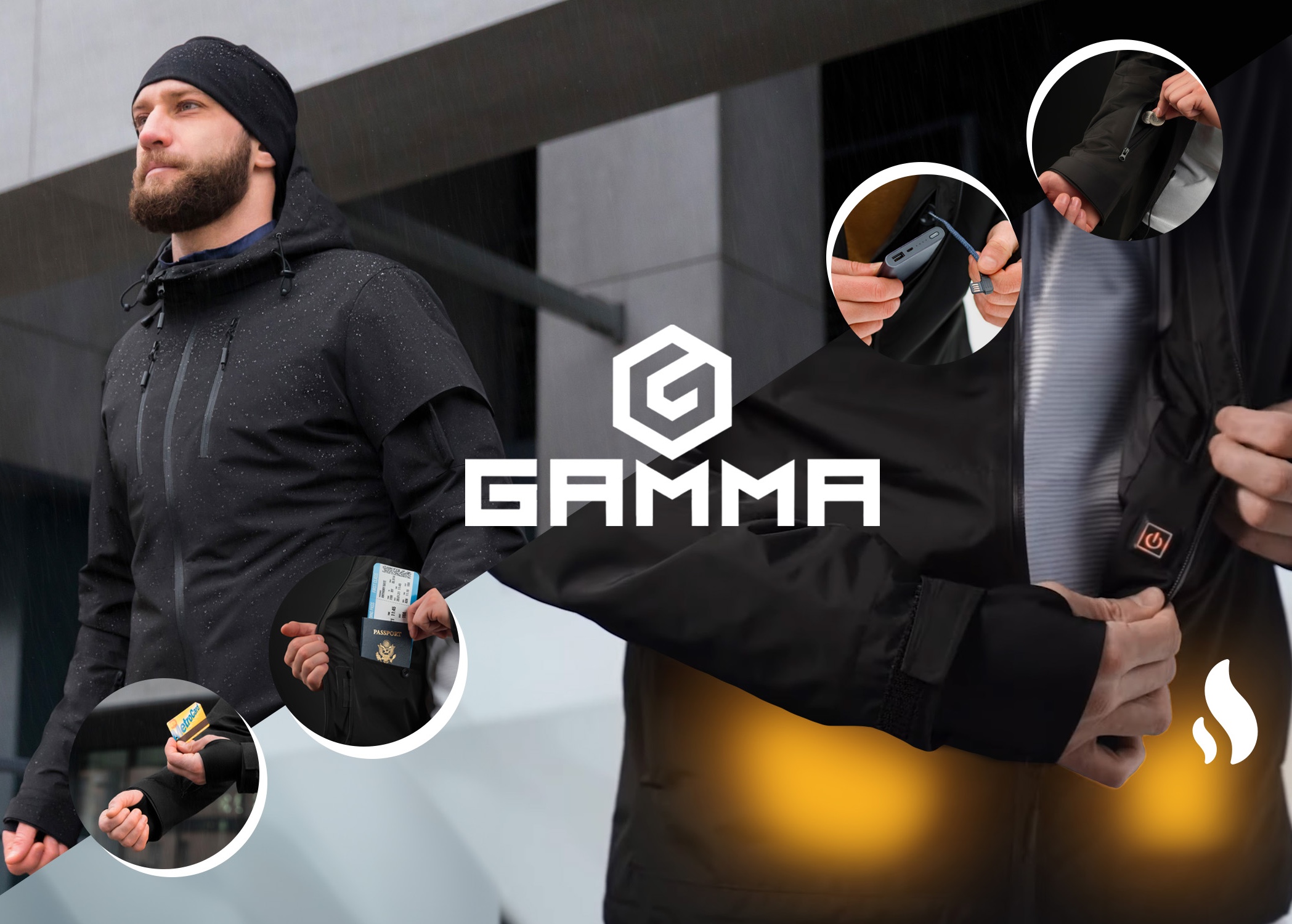 A person wearing a Gamma graphene-infused heated jacket.