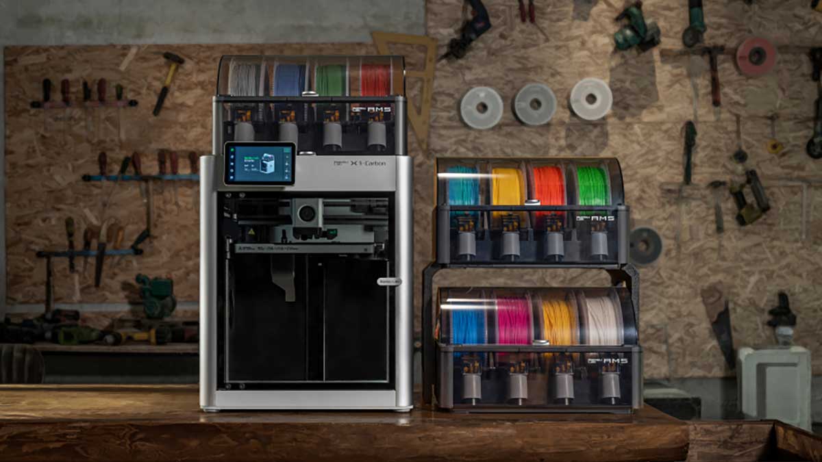 Bambu Labs printer on a table with many colors of filament